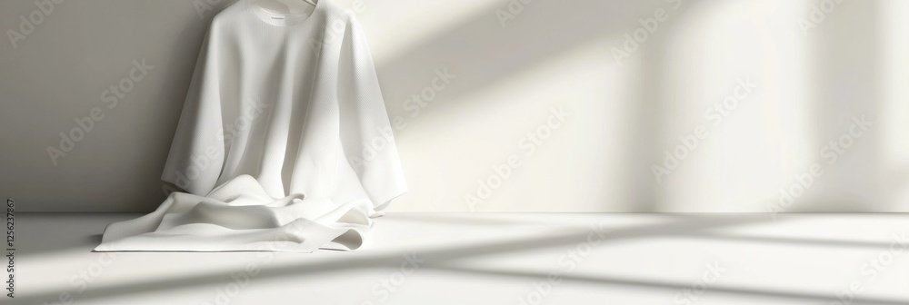 Poster minimalist clothing display on a white background showcasing soft textures and elegant silhouettes. 
