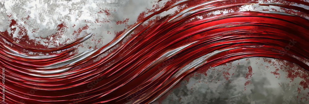 Poster scarlet streaks contrast with silver texture to create a striking visual display