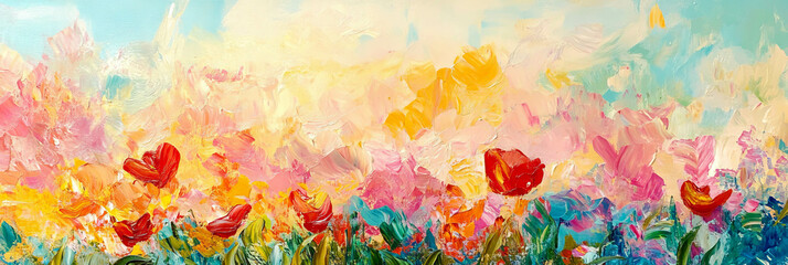 Vibrant tulip blossoms fill the landscape with color at sunset