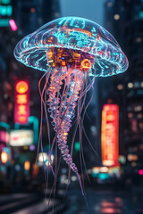 Colorful jellyfish illuminated with lights floats above a bustling city street at night