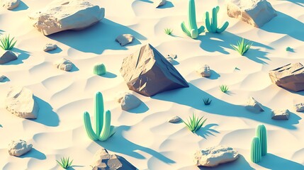 Low Poly Desert Landscape Featuring Cacti and Rocks