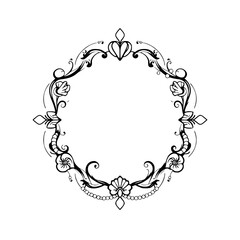 Floral, Circular Border in Black and White. An elegant frame features flowers and delicate details.