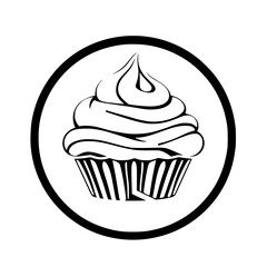 A black and white circular outline of a cupcake with white background.