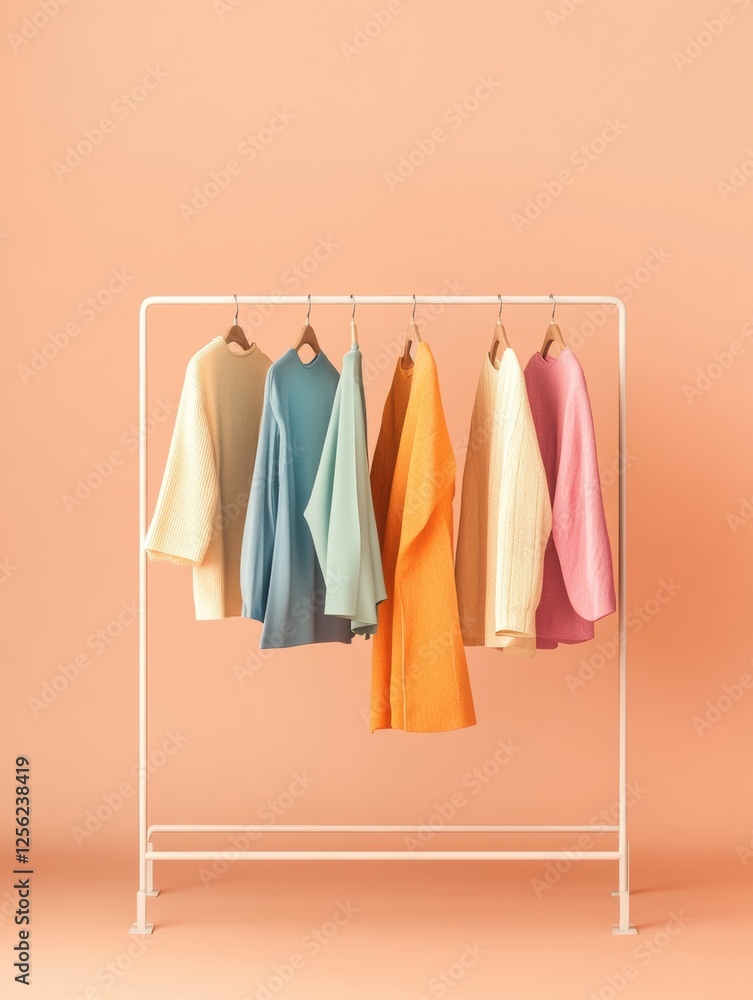 Poster minimalist clothing rack displays neatly arranged garments in soft pastel colors against a peach bac