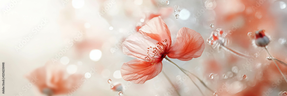 Poster tiny red poppies bloom gently in soft light against a light background