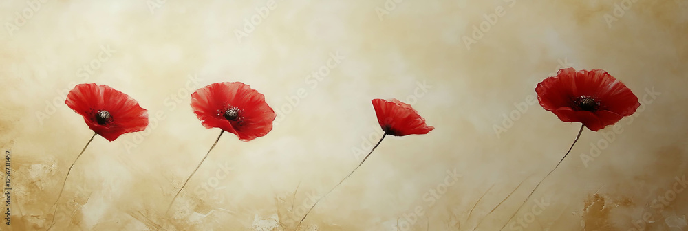 Aufkleber delicate tiny red poppies gently swaying in soft lighting against a light background