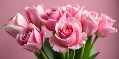 Obraz premium A stunning pink floral bouquet featuring a mix of long-stemmed roses and tulips, pink flowers, pink florals,