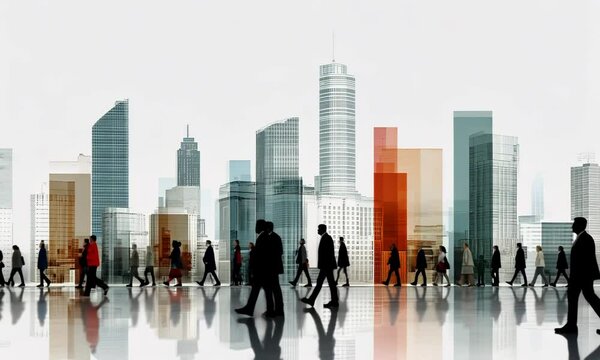 Walking people in City soft motion, abstract art with blur and motion effect, postmodernism style