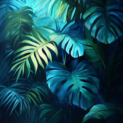 Tropical Leaves Illuminated with Blue and Green