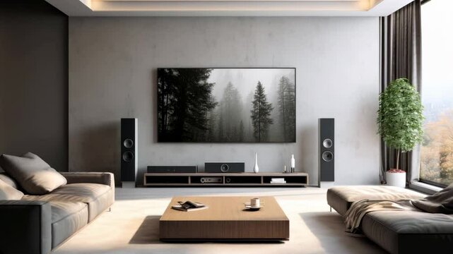 Modern minimalist interior with big TV screen, television set in living room, home design. 