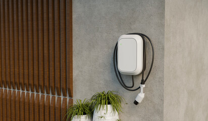 Modern electric vehicle charging station on a concrete sustainability eco-friendly future of home...