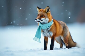 Fototapeta premium A Red Fox in Winter Wonderland, Adorned with a Light Blue Scarf, Posing Gracefully in the Snow