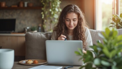 A Young Woman With Curly Hair Joyfully Engages in Her Work on a Laptop, Nestled on a Comfortable Couch at Home