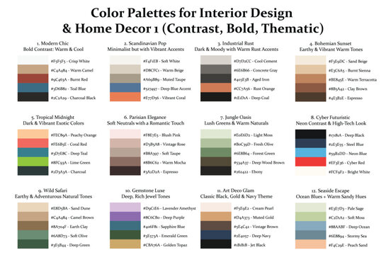 12 Color Palettes Collection 1 for Interior Design and Home Decor, Color Schemes with Hex Codes and Names, Color Swatches and Combinations, Vector Illustration