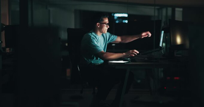 Man, computer and leaving office at night, finished tasks and journalist done with article deadline. Dark, completed project and reporter closing work at news agency, employee and ready for weekend