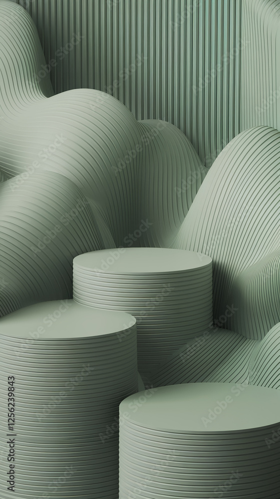 Poster A 3D abstract composition featuring stacked circular platforms and curving green waves, symbolizing smooth, flowing motion and harmony in a minimalist, modern design.