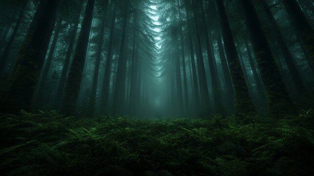 A dark forest with tall trees in the middle of it