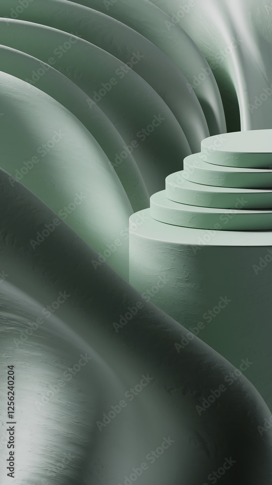 Poster A vertical 3D abstract composition featuring stacked circular platforms surrounded by curving waves, representing fluidity, minimalism, and modern design with a soft green color scheme.