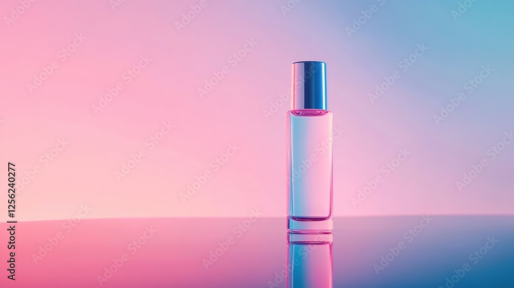 Poster sleek cosmetic bottle gleaming on reflective surface against pastel background inviting text placeme