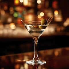 martini glass with olive on a table of a cocktail bar, light is low  Generative AI	