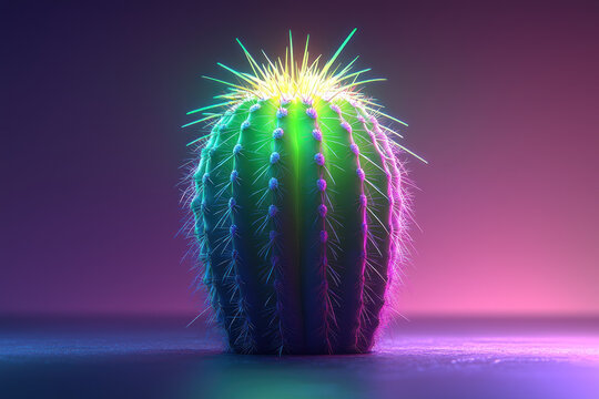 Glowing neon cactus on gradient background, digital art