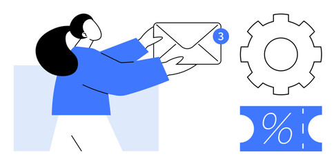 Woman holding an email with a notification alert, a gear icon, and a percent discount ticket. Ideal for communication, notifications, email marketing, alerts, automation, promotions customer