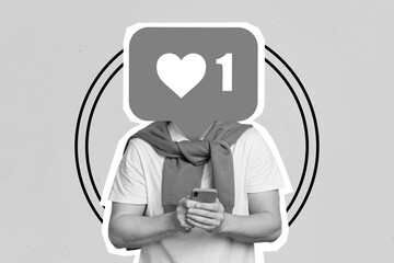 Magazine collage poster of bizarre young guy millennial influencer using smart gadget have like blog notification