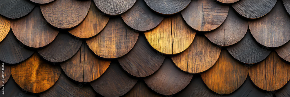 Poster wooden shingles arranged in an overlapping pattern with rich texture and depth