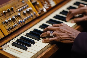 Fototapeta premium Electric keyboard with hands playing jazz chords, capturing the essence of improvisation . A person skillfully playing the organ inside a beautifully lit church,