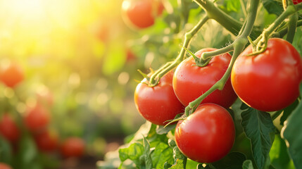 Ripe red tomatoes on the vine in warm sunlight for organic farming visuals, healthy eating concepts, and fresh produce marketing