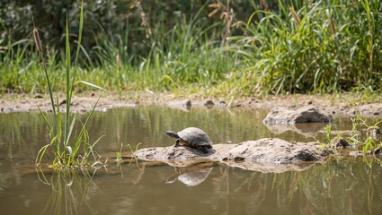 Baby turtle exploring a sunlit rock by a peaceful pond surrounded by swaying cattails Natures serenity captured in an image