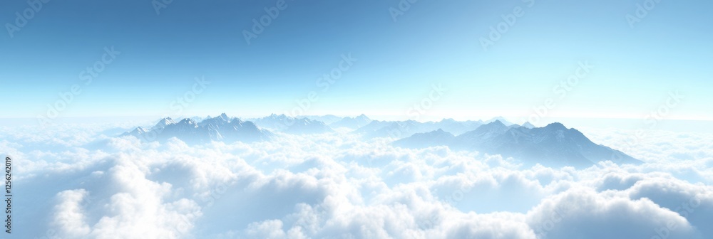 Aufkleber Majestic mountain range rises above soft clouds under a clear blue sky with ample space for additional text. Generative AI