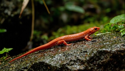 Fototapeta premium A sleek red salamander exploring a wet rock in a lush forest after a rain showcasing natures beauty and resilience