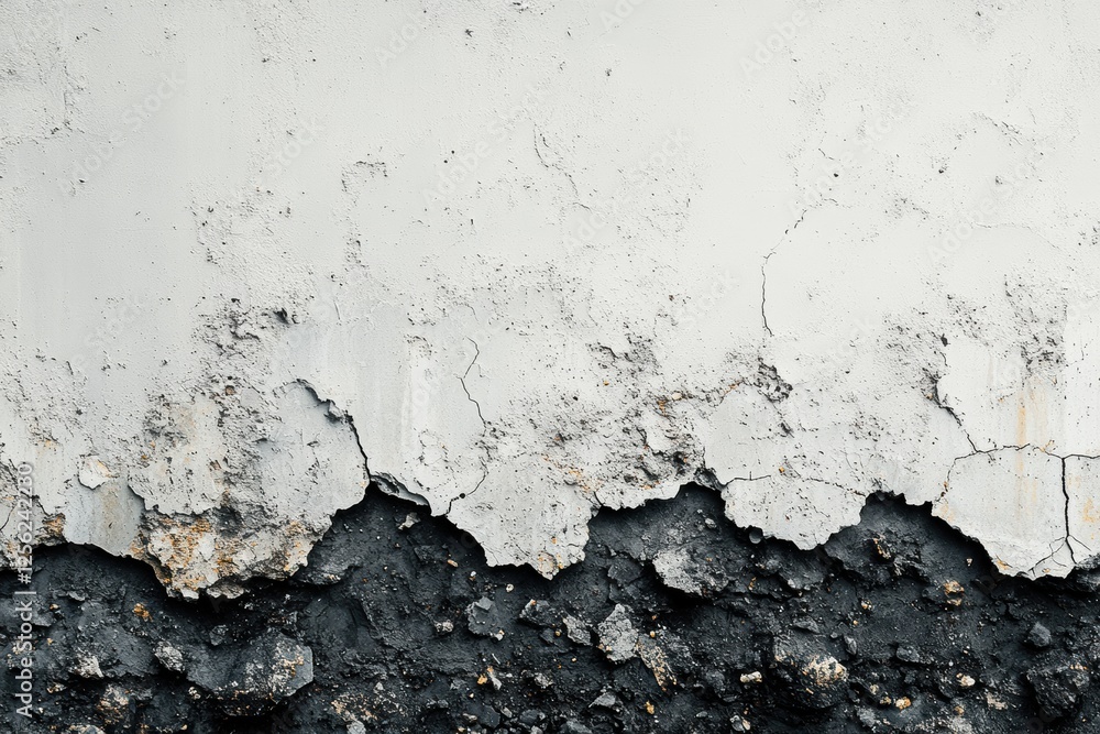 Poster A close-up view of an old, weathered wall with peeling paint, showcasing cracks and texture that tell a story of age and neglect. Ideal for design projects.