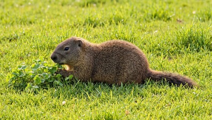 Fototapeta premium Curious groundhog in grassy clearing nibbling on clover bathed in warm summer morning light
