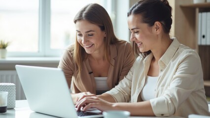 Obraz premium Two Women Smiling and Collaborating on a Laptop in a Bright Workspace, Looking at the Camera With Joy. Concept of Coworking Space, Collaboration, Team Building