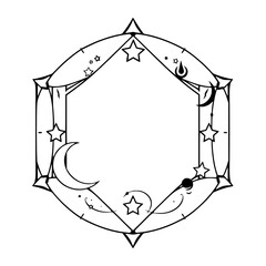 Celestial Hexagon: A black and white, line-art frame with stars, crescent moons, a water drop, and a planet, all in a hexagon.