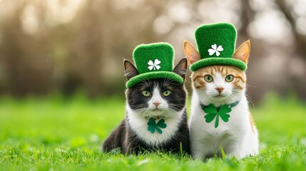 Adorable Cats in Shamrock Hats for St. Patrick's Day - Two adorable cats, one tuxedo and one calico, wear charming shamrock hats. Symbolizing luck, friendship, spring, festivity, and Irish heritage