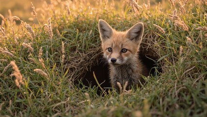 Obraz premium Adorable baby fox kit exploring outside den at sunset with golden light and wild grass