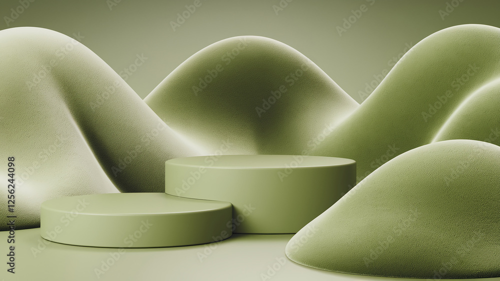 Poster a minimalist 3d scene featuring soft flowing shapes, curves, and smooth green textures, representing