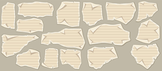 Ragged graph paper, school page in line. Set vintage blank letters, documents, rolled up empty paper sheets and lined pages. Pieces from a school notebook. Vector cartoon isolated objects.