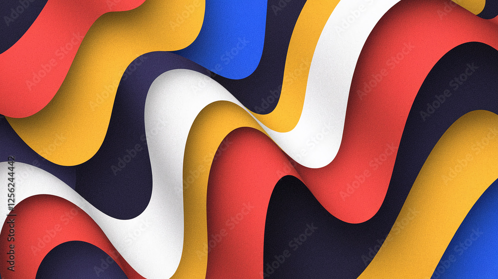 Poster a vibrant abstract 3d pattern featuring flowing red, yellow, blue, and white curves, showcasing dyna