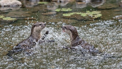 Adorable otters frolicking in a pristine stream with colorful stones and lush green algae A playful and serene wildlife scene