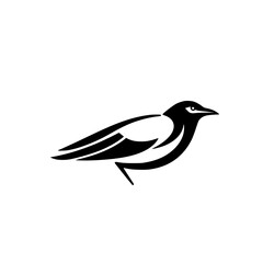 Magpie profile, in a minimalist style, with high contrast, and a sleek, bold design, set against a white background.