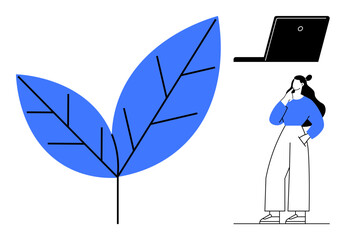Woman contemplating next to a blue leaf, computer above her. Ideal for themes sustainability, work-life balance, contemplation, digital detox, remote work, nature integration mindfulness. Abstract