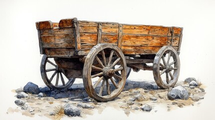 Obraz premium Watercolor illustration of an old wooden cart on stones