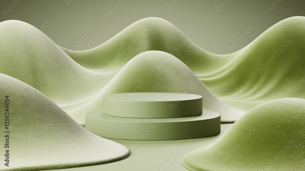 Poster a minimalist 3d scene featuring soft flowing green hills and circular podiums, symbolizing tranquili