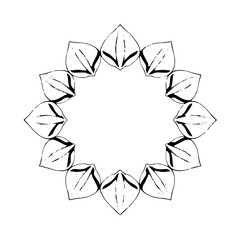 Circular composition featuring hand-drawn leaves, a stylized mandala illustration, and a minimalist aesthetic.