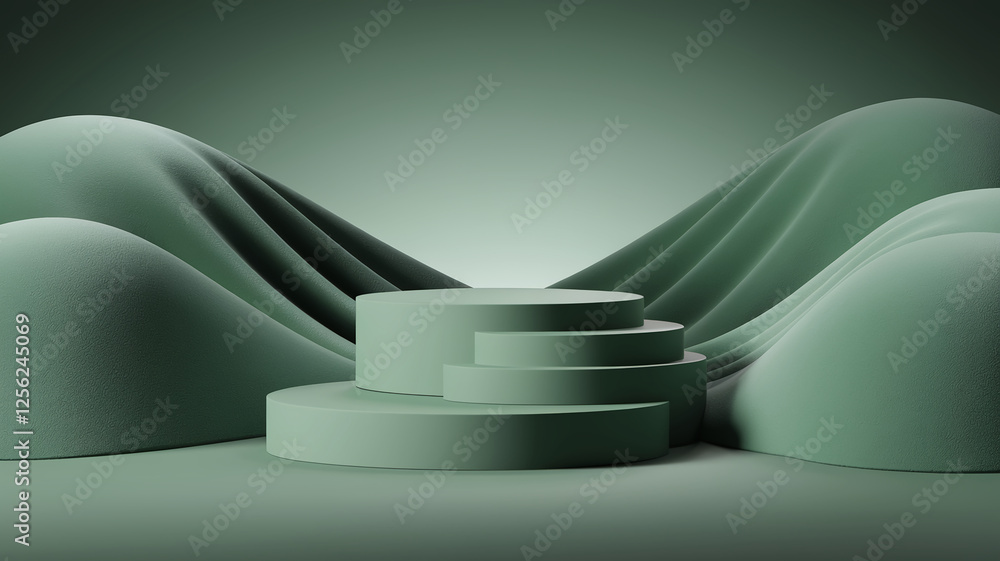 Poster a minimalist 3d scene featuring soft flowing green hills and circular podiums, showcasing tranquilit