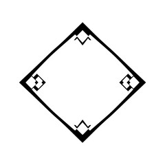 Geometric black diamond design with corner accents on a clean white background.